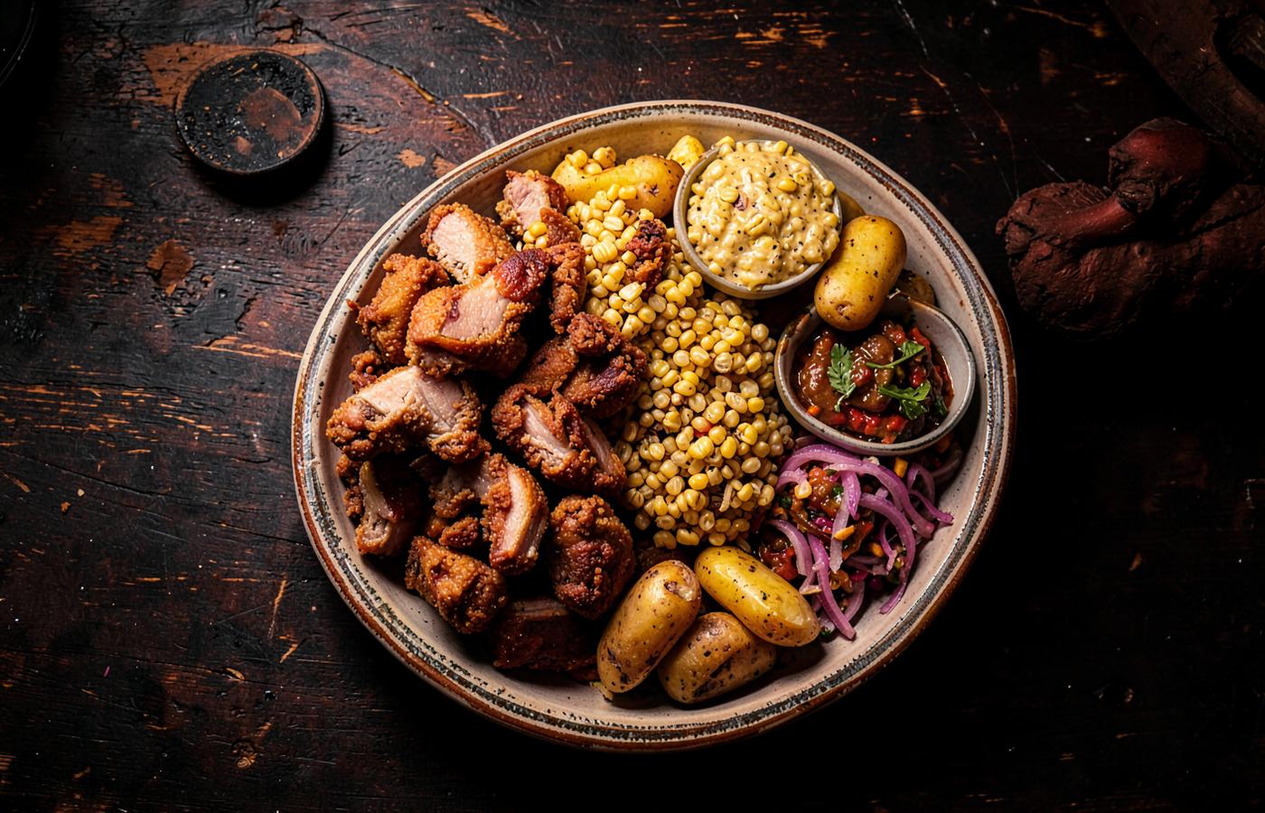 Plato de chicharrón con mote, papita nativa, sarsa andina y ajicito Doña Inés